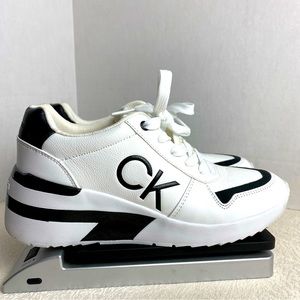Calvin Klein Women’s Sneakers 8M White &Black Wedge Shoes Lace Up Logo